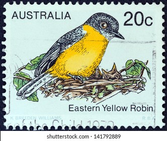 AUSTRALIA - CIRCA 1978: A stamp printed in Australia from the "Birds (1st series)" issue shows Eastern Yellow Robin (Eopsaltria australis) bird, circa 1978.