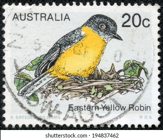 AUSTRALIA - CIRCA 1978: A stamp printed in Australia from the "Birds (1st series)" issue shows Eastern Yellow Robin (Eopsaltria australis) bird, circa 1978.