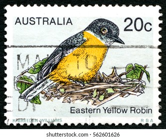 AUSTRALIA - CIRCA 1978: A used postage stamp from Australia, depicting an illustration of an Eastern Yellow Robin, circa 1978.