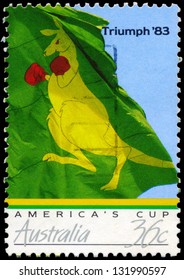 AUSTRALIA - CIRCA 1986: A Stamp Printed In AUSTRALIA Shows The Australian Victory In The America's Cup (1983), Boxing Kangaroo Flag Of Winning Syndicate, Series, Circa 1986