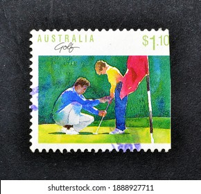 Australia - circa 1989 : Cancelled postage stamp printed by Australia, that shows Father and son playing golf, circa 1989.