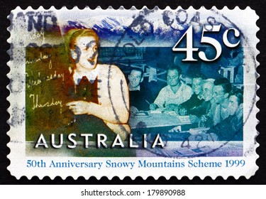 AUSTRALIA - CIRCA 1999: A Stamp Printed In The Australia Shows English Class For Migrant Workers At Cooma, 50th Anniversary Of The Snowy Mountains Scheme, Circa 1999