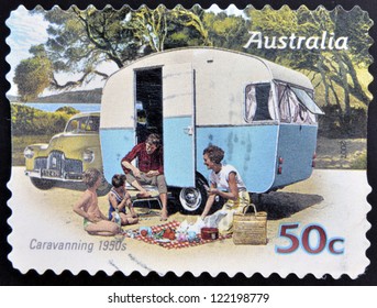 AUSTRALIA - CIRCA 2007: A stamp printed in australia shows Family enjoying a caravan of the 50s, caravanning 1950s, circa 2007