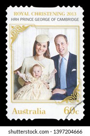 AUSTRALIA - CIRCA 2013: A Used Postage Stamp From Australia, Celebrating The Christening Of HRH Prince George Of Cambridge, Pictred With His Parents William And Kate, Circa 2013.