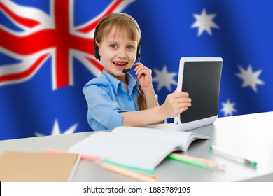 Australia Concept With Little Girl Student With Book On The Australian Flag Background