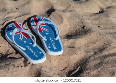Australia Day Flag thongs/ flip flops on sand at the beach