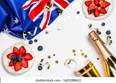 Australia Day. Australia National Day Background With Australia National Flag, Dessert Pavlova Cakes On White. Copy Space