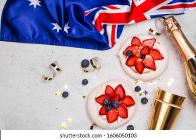 Australia Day. Australia National Day Background With Australia National Flag, Dessert Pavlova Cakes On White. Copy Space