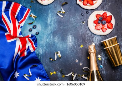 Australia Day. Australia National Day Background With Australia National Flag, Dessert Pavlova Cakes On White. Copy Space