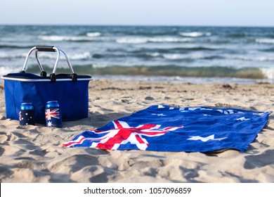 Australia Day Themed Pictures With Flag Beach Towel, Small Dog And Flags 