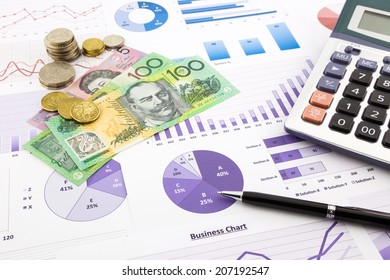 Australia Dollar Currency On Financial Charts, Expense Cash Flow Summarizing And Graphs Background, Concepts For Saving Money, Budget Management, Stock Exchange, Investment And Business Income Report