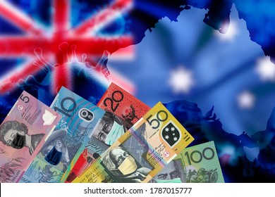 Australia dollar money bill with face mask on money notes over Australia flag and map blurred background, COVID-19 coronavirus in Australia.
