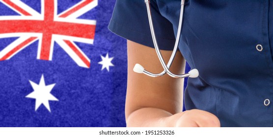 Australia Flag Female Doctor With Stethoscope, National Healthcare System