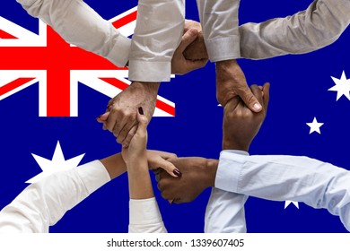 Australia Flag, Intergration Of A Multicultural Group Of Young People