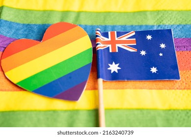 Australia Flag On Rainbow Background Symbol Of LGBT Gay Pride Month  Social Movement Rainbow Flag Is A Symbol Of Lesbian, Gay, Bisexual, Transgender, Human Rights, Tolerance And Peace.