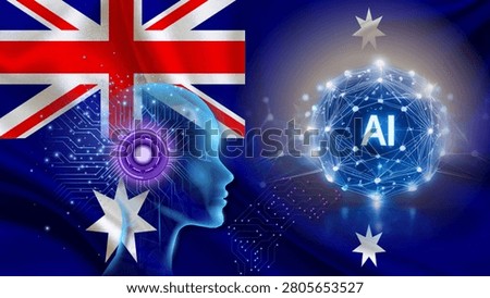 Australia Flag Overlay with Artificial Intelligence Network Sphere and Human Cybernetic Profile, Visualizing Australia's Tech Innovation, Digital Evolution, and Technology Infrastructure