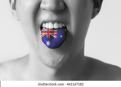 Australia Flag Painted In Tongue Of A Man - Indicating English Language And Australian Accent Speaking In Black And White