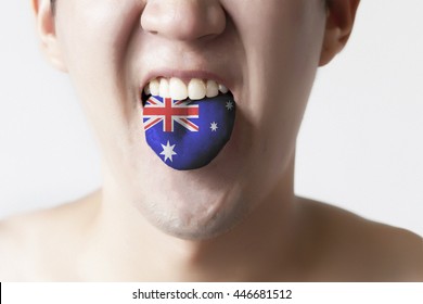 Australia Flag Painted In Tongue Of A Man - Indicating English Language And Australian Accent Speaking