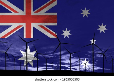 Australia Flag Wind Farm At Sunset, Sustainable Development, Renewable Energy Wind Turbines