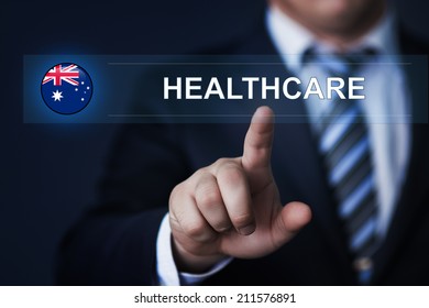 Australia Healthcare Concept. Man Pressing Virtual Button With Flag Icon