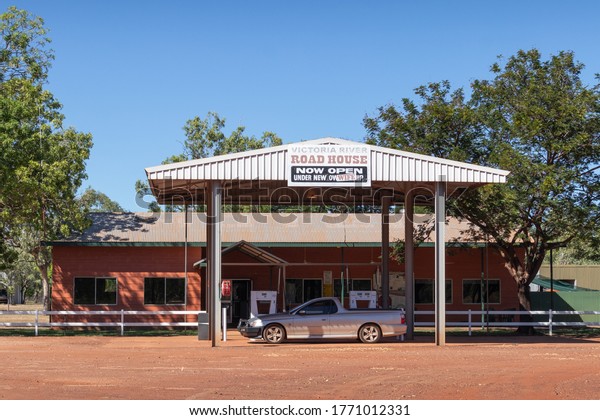 Australia: Jun 20; Picturesque road house at\
the Australian outback, with gas station and bar restaurant. Pick\
up car refuelling. Elsey national park, Victoria river, Northern\
Territory NT,\
Australia