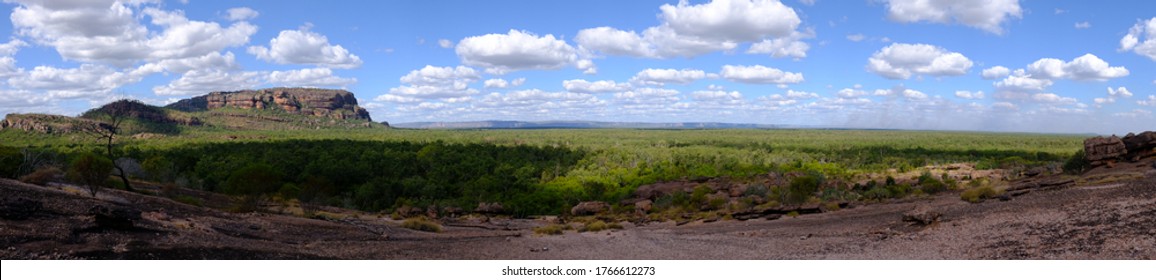 Australia; June 2020: Views from Nawurlandja lookout. Rock and horizon. Panorama. Editing space. Nawurlandja lookout, Kakadu national park, Australia