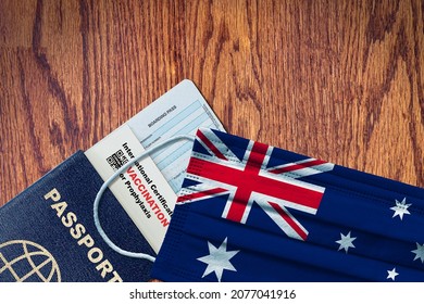 Australia New Normal Travel With Passport, Boarding Pass, Face Mask With Australian Flag And Certificate Of COVID-19 Vaccination. Vaccine Passport Concept With Copy Space.