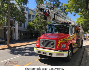 Australia - November 25 2019: Freightliner Fire Truck Belonging To The Queensland Fire And Rescue Department Parked On The Streets Of Brisbane