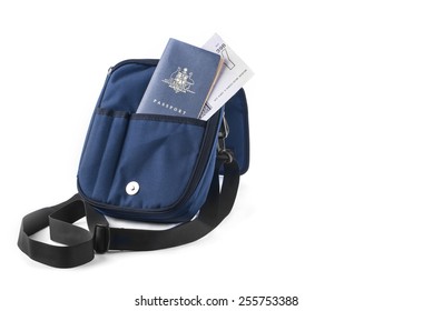 Australia Passport And Boarding Pass In Blue Bag