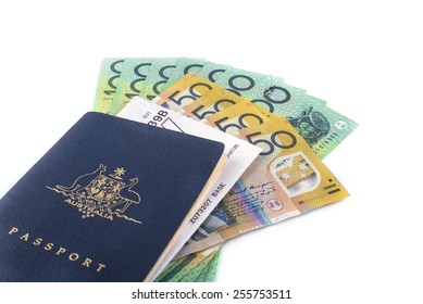 Australia Passport With Boarding Pass Ready To Travel With Some Australia Dollars