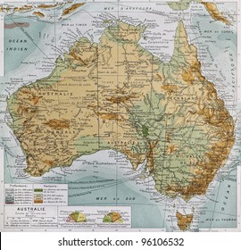 Australia physical map. By Paul Vidal de Lablache, Atlas Classique, Librerie Colin, Paris, 1894 (first edition)