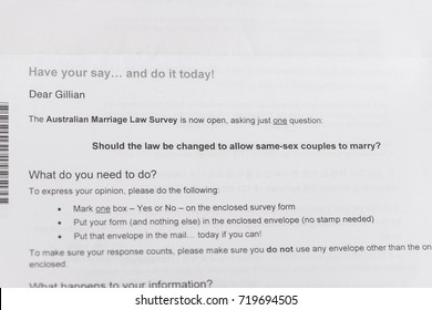 AUSTRALIA - September 2017: Letter Explaining Australian Gay Marriage Postal Vote