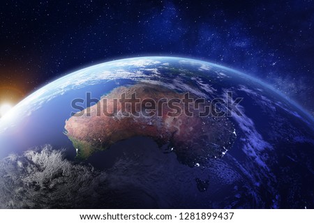 Australia from space at night with city lights of Sydney, Melbourne and Brisbane, view of Oceania, Australian desert, communication technology, 3d render of planet Earth, elements from NASA