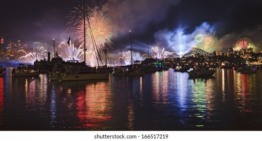 AUstralia Sydney City CBD, Harbour And Bridge At Night During International Fleet Review (navy) Firework 