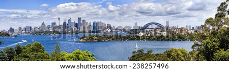 Australia Sydney city CBD scenic view from Taronga Zoo at landmarks and harbour bridge over harbour waters sunny summer day