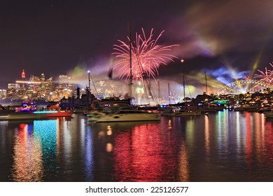 Australia Sydney Harbour Bridge And City CBD Landmarks Under Fireworks Light Show After Sunrise 