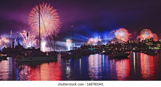 Australia Sydney Harbour Water Fireworks New Year Eve Over Anchored Boats Fire Balls And Light Show Lasers In The Sky