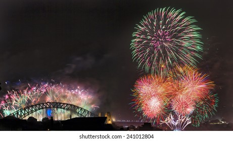 Australia Sydney New Year Celebration Fireworks Over Harbout Bridge And City CBD At Midnight Light Show