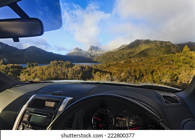 Australia Tasmania Cradle Mountain National Park Lake Dove Car Park And 4wd Rented Vehicle Looking At Landmarks Sunny Morning Through The Windscreen