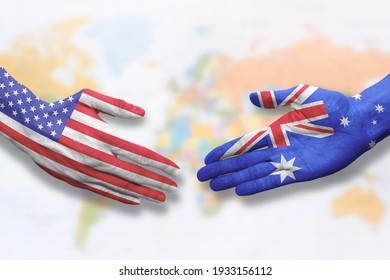 Australia And USA - Flag Handshake Symbolizing Partnership And Cooperation With The United States Of America