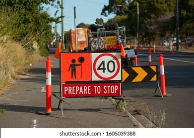 Australia Victoria Road Sign. Speed Limit 40, Prepare To Stop.