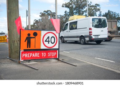 Australia Victoria Road Sign. Speed Limit 40, Prepare To Stop. Traffic Control. 