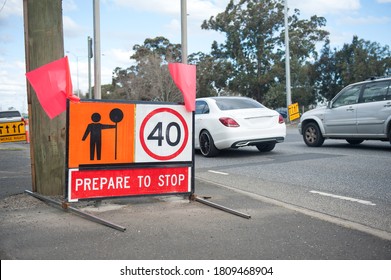 Australia Victoria Road Sign. Speed Limit 40, Prepare To Stop. Traffic Control. 