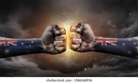 Australia Vs New Zealand Flag. Fists With Flags. Battle Of Australia With New Zealand On Sky.