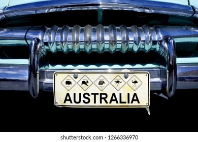 Australia Wildlife Animals Icons On Australian Number Plate Of An Old Timer Classic Car. No People. Copy Space.