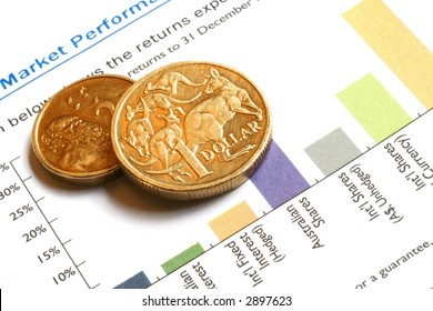 Australian $1 And $2 Coins On A Market Performance Graph.