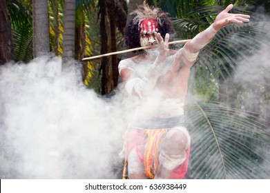 Australian Aboriginal Man Dancing Aboriginal Dance During A Culture Show In Queensland, Australia. Real People. Copy Space