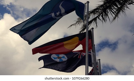 Australian, Aboriginal And Torres Strait Islander Flags At Palm Island, Queensland Australia. 