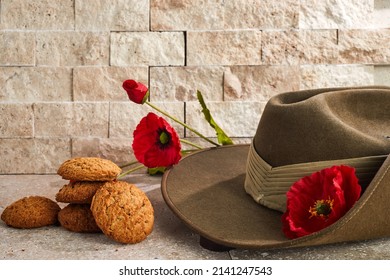 Australian Anzac Day. Australian army slouch hat and traditional Anzac biscuits.