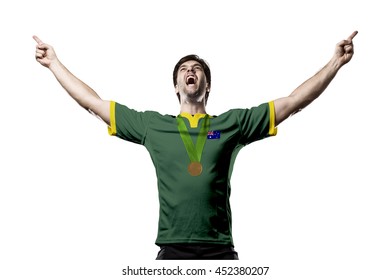 Australian Athlete Winning A Golden Medal On A White Background.